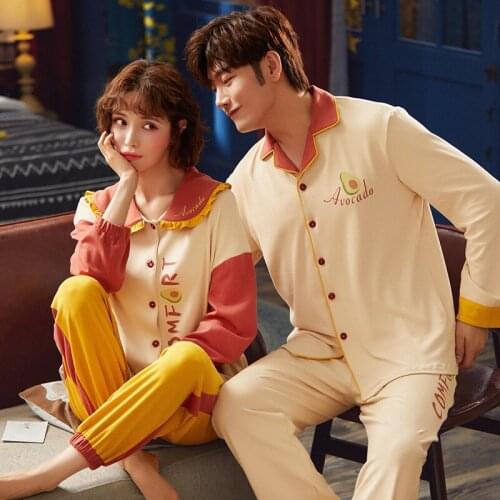 2 Pieces Sleepwear Suit Couple Pajamas Full Sleeve Autumn Pijamas for Women Men Cotton Loose Pyjamas Set Lovers Homewear Ladies