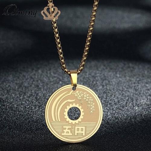 Lucky Japanese Coin Women Men Necklace Round Pendant Stainless Steel Trendy Jewelry Good Luck Best Wish Gift BFF
