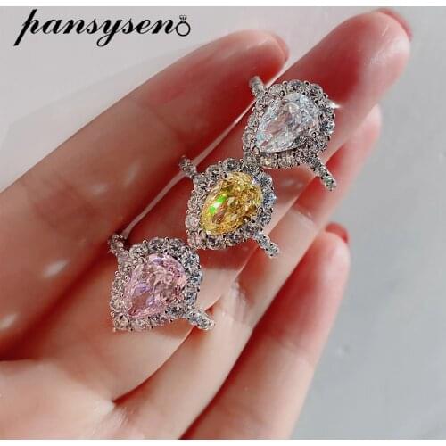 PANSYSEN 100% 925 Sterling Silver 7*10MM Radiant Cut Created Moissanite Citrine Gemstone Rings for Women Pear Shape Wedding Ring