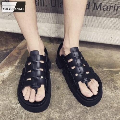 Harajuku Gladiator Sandal Mens Genuine Leather Shoes Outdoor Casual Slip On Flip Flops Male Fashion Thick Bottom Roman Sandals