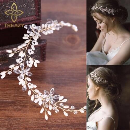 TREAZY Bridal Floral Headband Gold Color Crystal Pearl Beads Wedding Hair Jewelry for Women Headpiece Handmade Hair Accessories