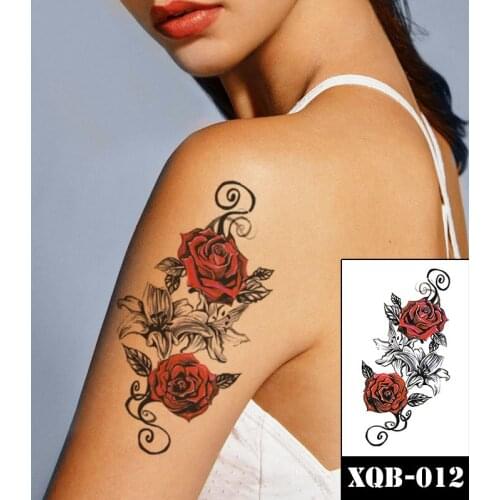 Waterproof Temporary Tattoo Sticker Sexy Red Rose Flowers Leaves Totem Design Fake Tattoos Flash Tatoos Arm Body Art for Women