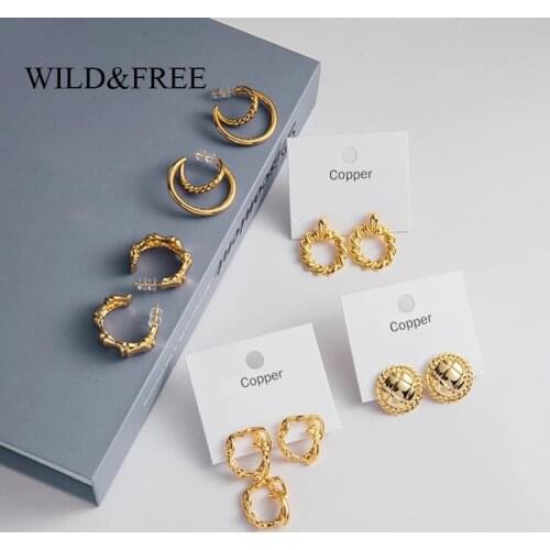 Wild&Free New Trendy Punk Gold Round Stud Earrings For Women Irregular Twisted Circle Brincos Earrings Statement Daily Jewelry