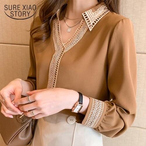 Plus Size Satin Silk Shirt Ladies Spring New V Neck Long Sleeve Solid Tops Chic Hollow Embroidery Splicing Blouse Women 13094