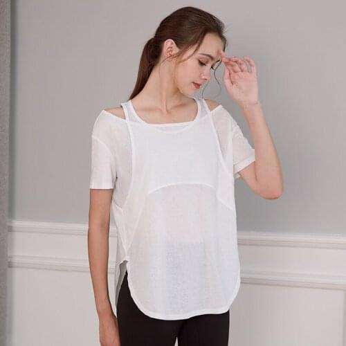 New Loose Gym Yoga Shirts Top Women Fake Two Piece Summer Fitness Sports Running T-shirts Workout Short Sleeve Sportswear