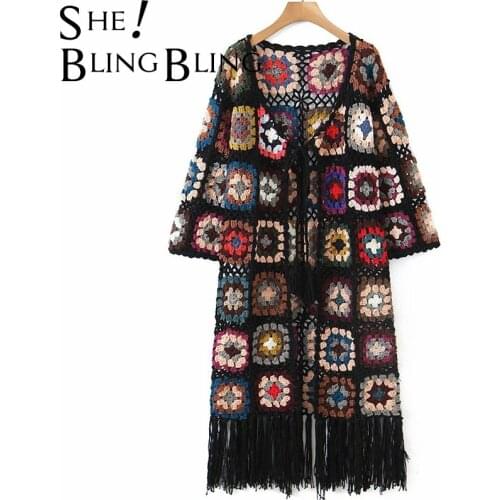 SheBlingBling Za Woman 2021 Casual Traf Jacket Autumn Hollow Out Floral Crochet Tassels Hem Mid-Length Knit Female Cardigan Coat