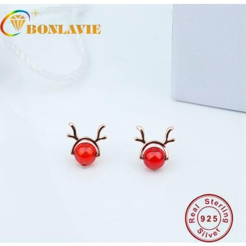 BONLAVIE S925 Sterling Silver Red Garnet Antler Earrings Girls Fashion Red Elk Earrings Christmas Accessories