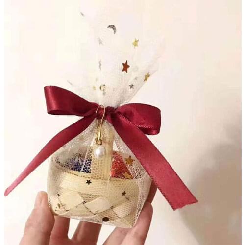 6pcs Rattan Storage Basket Candy Box Pouches With Net Yarn Red Bow for Guest Baby Shower Birthday Gift Box Favors Event Party