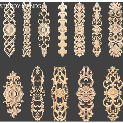 Long strip Carving Natural Wood Appliques For Furniture Cabinet Unpainted Wooden Mouldings Decal Vintage Decoration Accessories