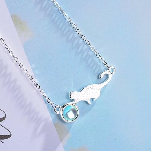 Cute Design Charm Moonstone Cat Pendants Necklaces For Women Girl Gift 925 Sterling Silver Jewelry Chain Necklace Chokers