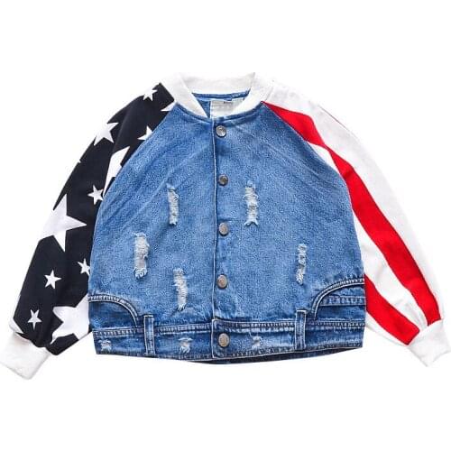 Boys and Girls Spring Wear Jeans Jacket New Wear and Contrast Cardigan Top Cotton Perforated Denim Coat 4-12 Ages