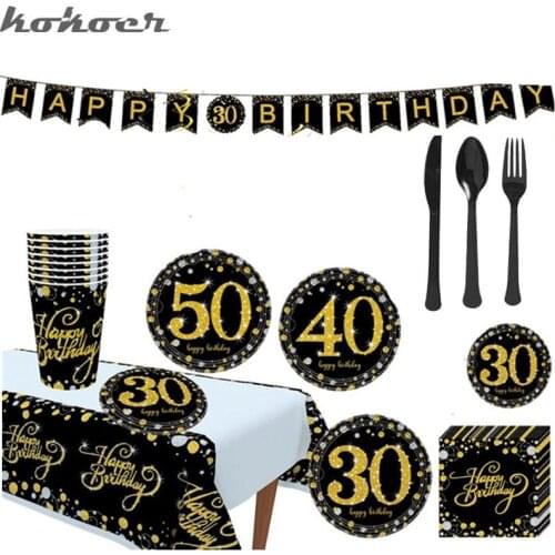 135pcs Black Gold 30 40 50 60 Birthday Party Tableware Disposable Tableware Birthday Party Decorations Adult Plate Tablecloth