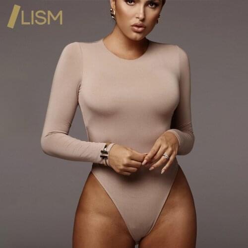 LISM Solid Nude Color Women Bodycon Jumpsuit Rompers One Piece Club Outfits O Neck Body Suits for Women Long Sleeve Rompers
