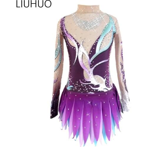 LIUHUO Girls Skating Dress Children Teens Purple Rhythmic Belly Gymnastics Leotards Skating Dress girls wholesale