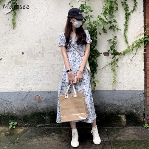 Dress Women V-neck Elegant Fairy Blue Floral A-line Sweet Buttons Puff Sleeve Daily Chic Popular Leisure Female Comfortable Ins
