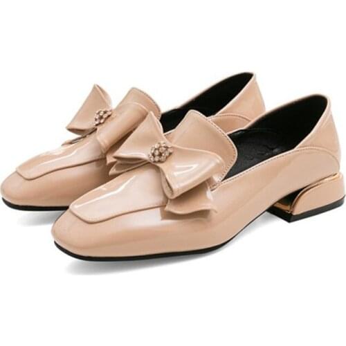 PXELENA Plus Size 34-43 Women Patent Leathe Low Heels Loafers Crystal Butterfly-knot Slip On Office Lady Pumps 2020 Spring Shoes