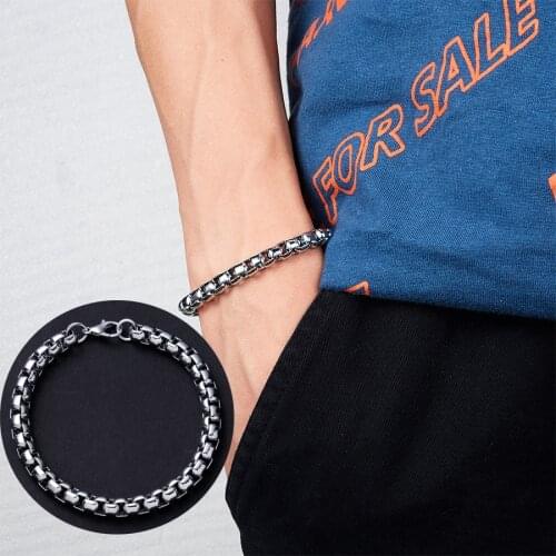 RINHOO Width 6mm Stainless Steel Square Box Curb Cuban Chain Link Bracelet Punk Men Bracelet Wristband Bangle Jewelry Gift