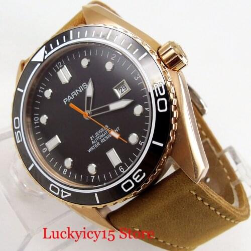 Sapphire Crystal PARNIS Mens Watch Automatic Movement Date 45mm Gold Plated Watch Case