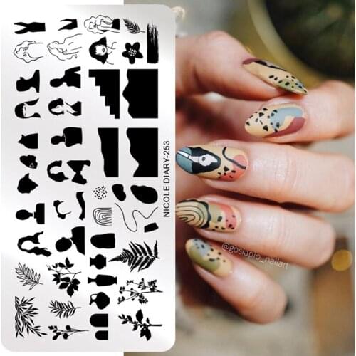 NICOLE DIARY Stamping Plate Simple People Image Nail Art Stencils Stainless Steel Flower Leaves Geometric Printing Stencil