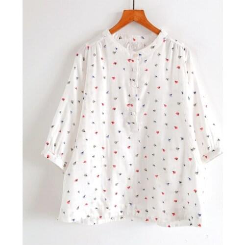 2020 New Summer Women Blouse Japan Style Literary Cotton floral Print Stand Collar Batwing Sleeve Pullover Shirt Women