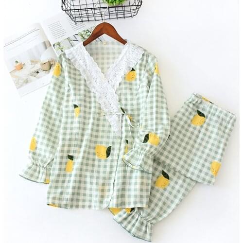 EA 100% Cotton Korean Women Sleepwear Plaid Clothes Loose Female Pajamas Suits Pregnancy Homewear Lounge Sleep Wear Top Pant Set