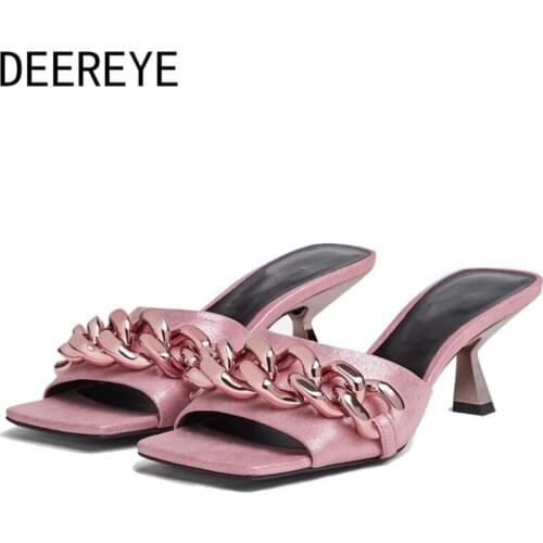 2021 Fashion Luxury Brand Women Shoe Square Toe Strange Low Heel Slipper Slip-On Metal Female Mules Sandal Size 34-43