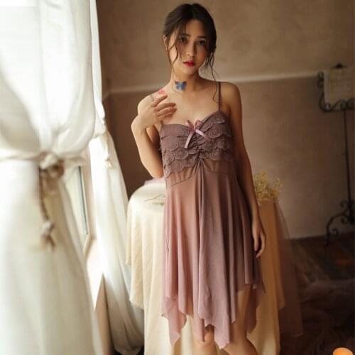 Women Lingerie Open Front Babydoll Lace Chemise Sleepwear Sheer Mesh Robe See-Through Backless Suspender Pattern Nightdress