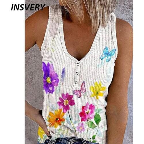 Summer Vest Women V Neck Sleeveless Casual Loose Tops Ladies Print T Shirt Women Elegant Button Shirts For Women Streetwear