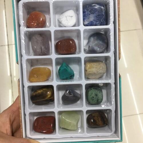 15pcs/lot Different Types Natural Crystal Stone Beads Rock Mineral Specimens Box-packed Fifteen Kinds Stones