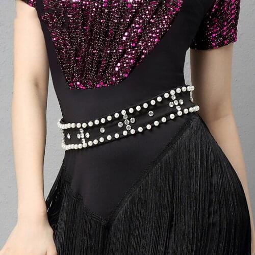 Adult Women Latin Dance Performance Accessories Jewelry Pearl Rhinestone Belt For Ballroom Cha Cha Samba Tango Waltz DL6537