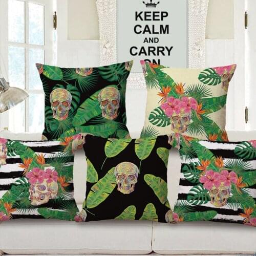 Decorative Cotton Linen Cushion Cover 45X45Cm Capa de Dlmofada Sofa Bedding Throw Pillow Case Tropical plants With Skull