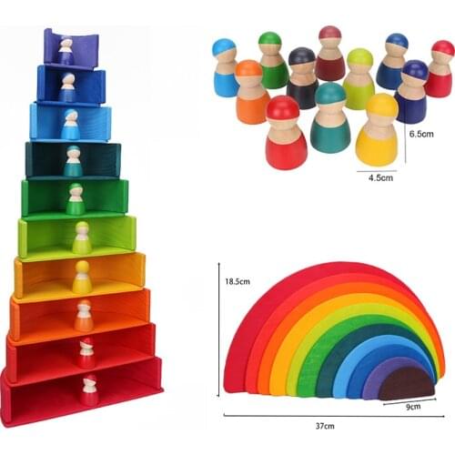 Wooden Rainbow Blocks Wood Stacking Toys Grimms Rainbow Wood Building Blocks Colorful Rainbow kids Montessori Educational Toy