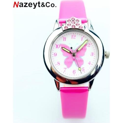 Nazeyt kids cartoon watch girls lovely butterfly dial luminous hands crystal leather clock with diamond childrens day gift