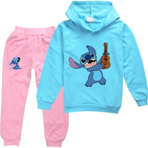 Stitch Kids Sports Suit Childrens Hooded Long-sleeved Jacket + Trousers Two-piece Casual Student Clothing Suit