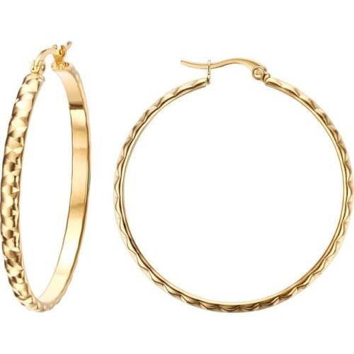 Hot Sale 42mm Embossed Grain Gold Color Stainless Steel Hoop Earrings