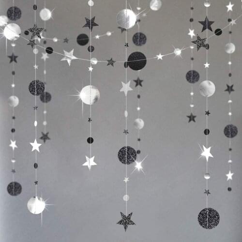4M Glitter Black Silver Paper Star Circle Garland Party String Curtain Tassels Birthday Baby Shower Graduation Party Decorations