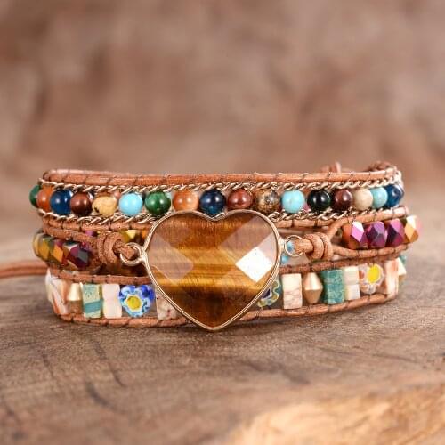 Faceted Tiger eye Heart Wrap Bracelets Rose Metal Chain Unisex Stones Crystals Beaded Bangles