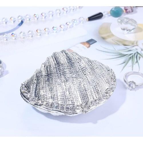 H&D Silver Mussel Hinged Trinket Box Wedding Ring Holder Metal Seashell Figurine for Ring Display