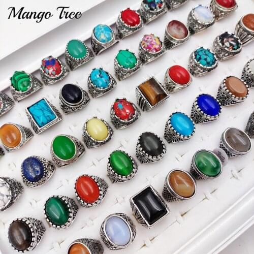 Charm 20Pcs/Pack Vintage Natural Stone Rings Antique Silvery Pine Cat Eye Stone Mixed Style Fashion Jewelry Party Gift Wholesale
