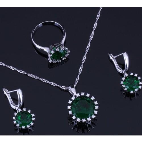 Unique Round Green Cubic Zirconia White CZ Silver Plated Jewelry Sets Earrings Pendant Chain Ring V0278