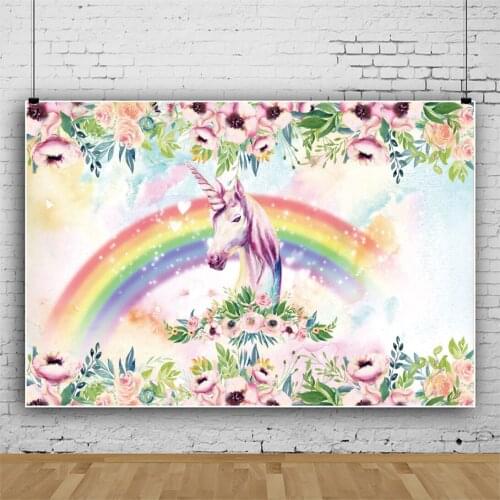 Laeacco Rainbow Unicorn Baby Shower Background Flowers Shiny Light Child Birthday Party Customized Poster Photography Backdrop