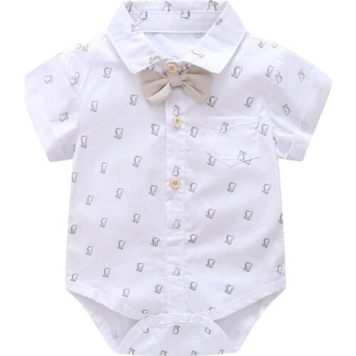 Summer Little Dinosaur Bodysuit Cotton Baby Boy Short Sleeve Printed Top with bow Turn-down Collar Children Jumpsuit White