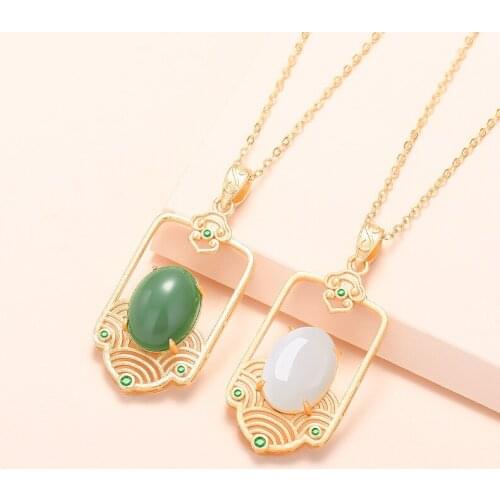 Lyvior Gold White Jade Necklace Jasper Auspicious Cloud Wishful Pendant Fashion Clavicle Chain 2Pcs/lot Fine Jewelry for Women