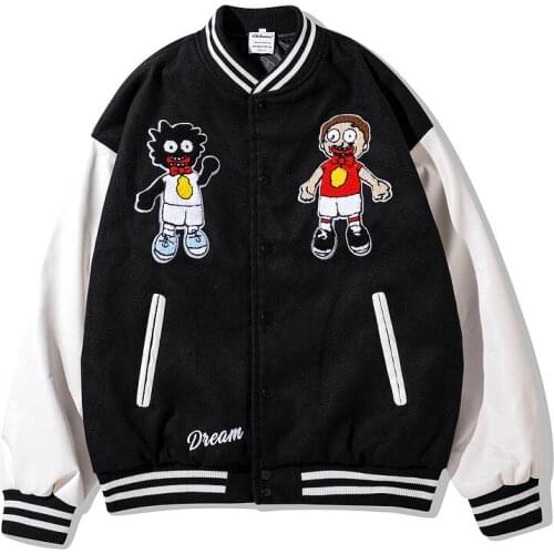Hip Hop Retro Cartoon Flocking Baseball Uniform Men PU Leather Long Sleeve Bomber Jackets Patchwork Color Block Casual Jacket