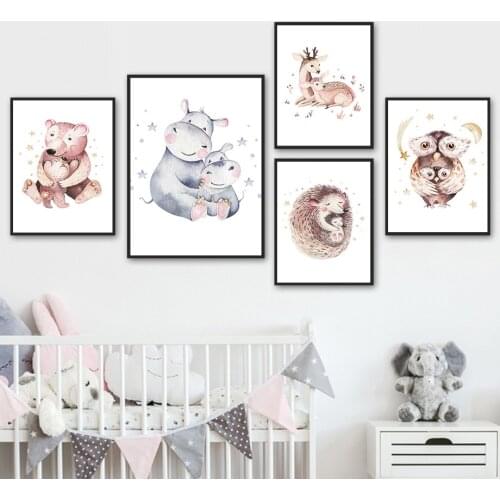 Mother Child Animal Bear Hippo Deer Owl Hedgehog Wall Art Canvas Painting Nordic Poster And Prints Wall Pictures Kids Room Decor