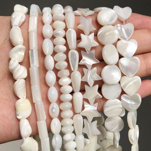 Natural White Mother of Pearl Shell Beads Rondelle Heart Star Flat Round Freshwater Shell Beads for Jewelry Making DIY Bracelets