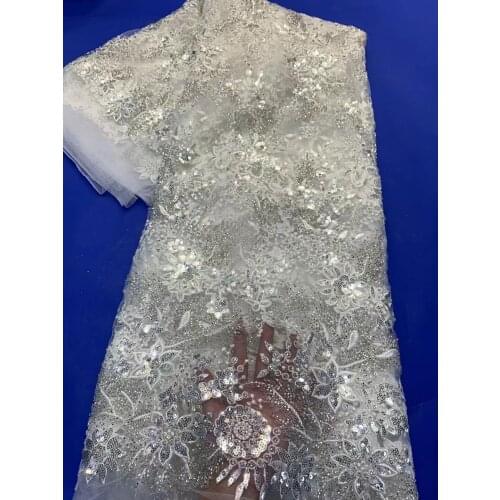Nigeria Handmade Lace Fabric 2021 White High Quality Lace French Tulle Lace Mesh French Embroidery Beads ZX4652