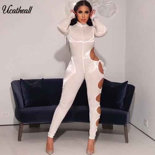 Solid Side Leg Hollow Out Bodycon Rompers Jumpsuit For Women Sexy Long Sleeve Body Bandage Pants Overalls Club One Piece Outfit