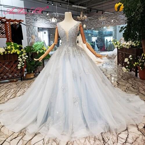 AnXin SH Luxury princess silvery flower lace beading crystal illusion v neck sleeveless sparkly wedding dress 100% real photos