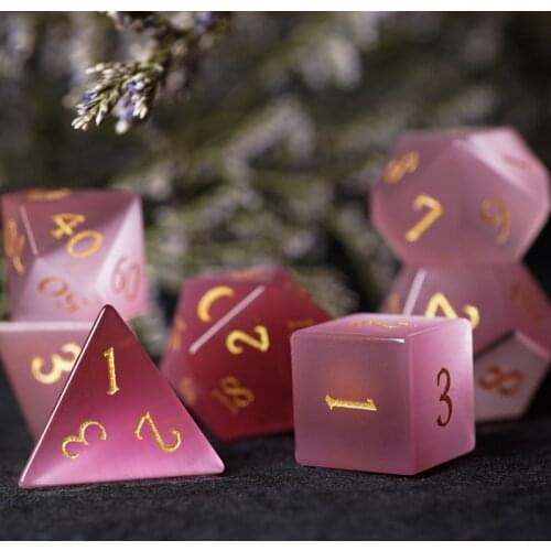 Pink Cats Eye Geometry Dice Set Handmade Stone Engrave Moon Polyhedral Dice For DND RPG COC Table Borad Games Custom Gift Crafts